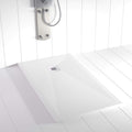 Plato de ducha PLES de resina de 150 x 80 cm - Acabado blanco RAL 9003 con textura pizarra - Superficie antideslizante rectangular - Incluye rejilla y sifón