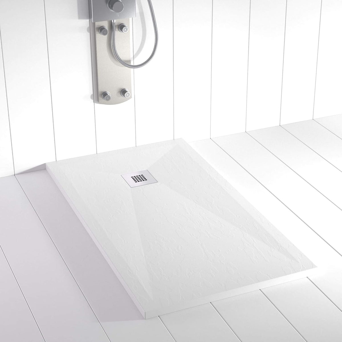 Plato de ducha PLES de resina de 150 x 80 cm - Acabado blanco RAL 9003 con textura pizarra - Superficie antideslizante rectangular - Incluye rejilla y sifón