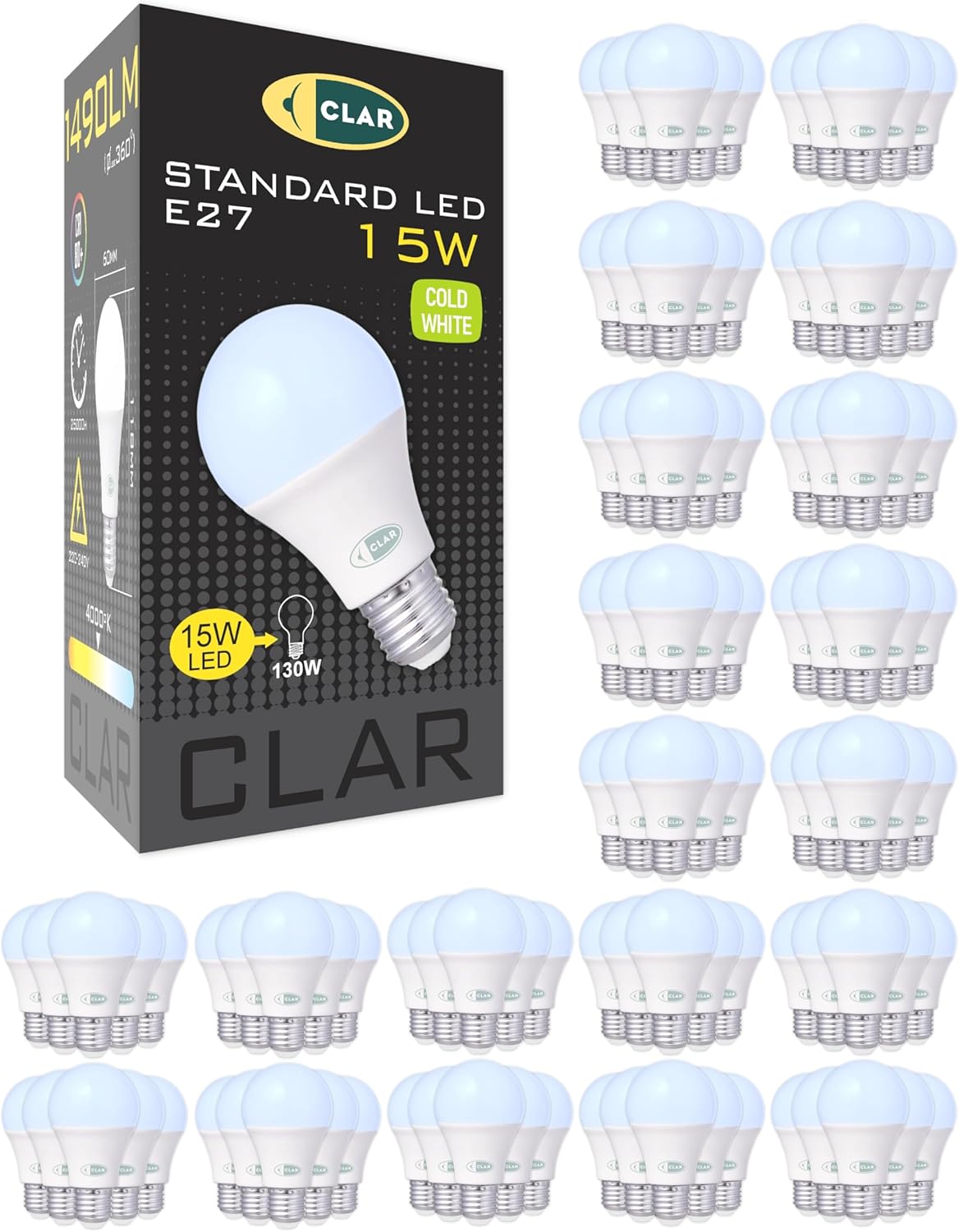 CLAR pack de 100 bombillas LED E27 - 15 W con luz blanca fría de 6500 K - Equivalencia de 120 W y alimentación de 230 V - Para iluminación general interior