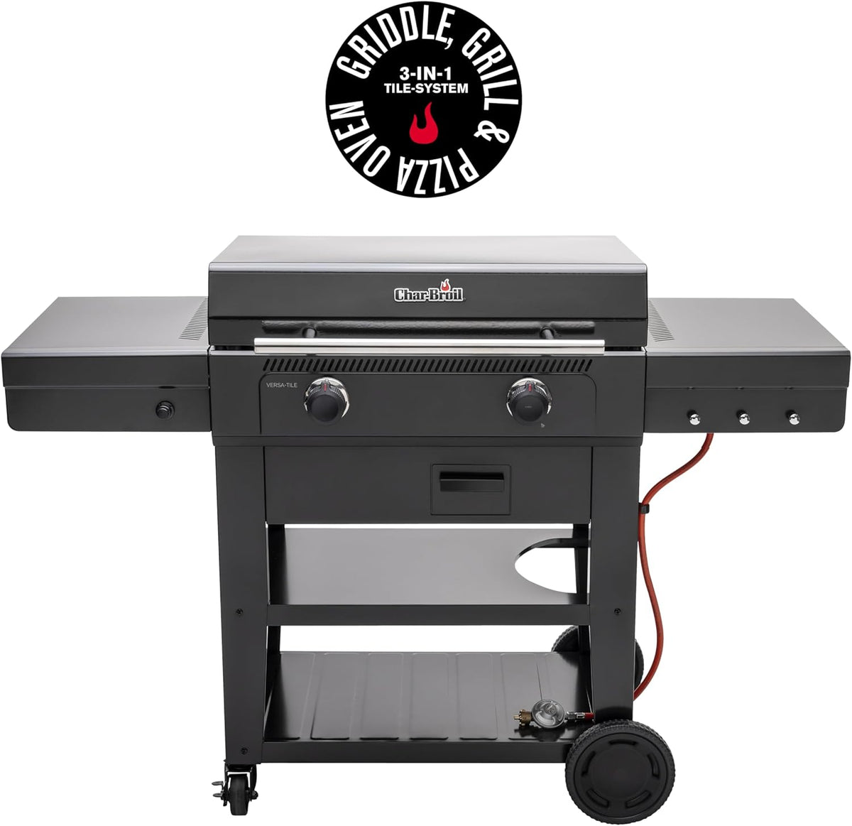 Char-Broil Versa-Tile - Barbacoa de gas con plancha de 2 zonas de 70 x 50 cm - Sistema modular 3 en 1 para plancha parrilla y horno de pizza - Con piedra tapa y arranque eléctrico