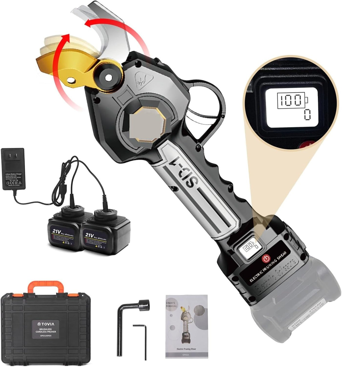 VXDEFP tijeras de podar eléctricas - Corte de 40 mm con sistema de 21 V - Motor sin escobillas y cuchillas de doble acción forjadas - Batería de 4 Ah para jardín y árboles