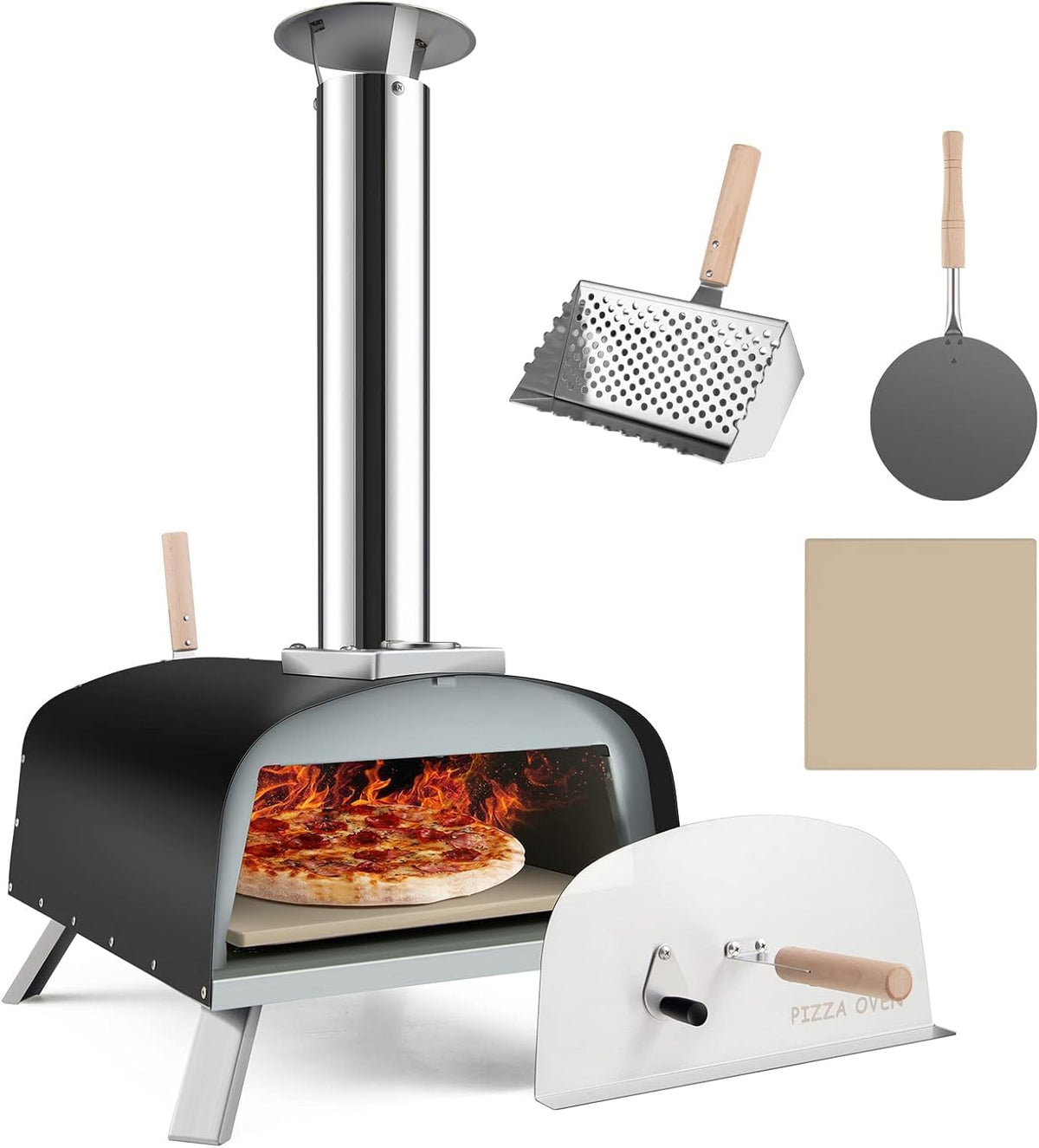 GOPLUS horno de pizza exterior - Leña con piedra de 33 cm y patas plegables - 42 x 90 x 84,5 cm con pala cortafuegos y chimenea extraíble - Para jardín patio y camping