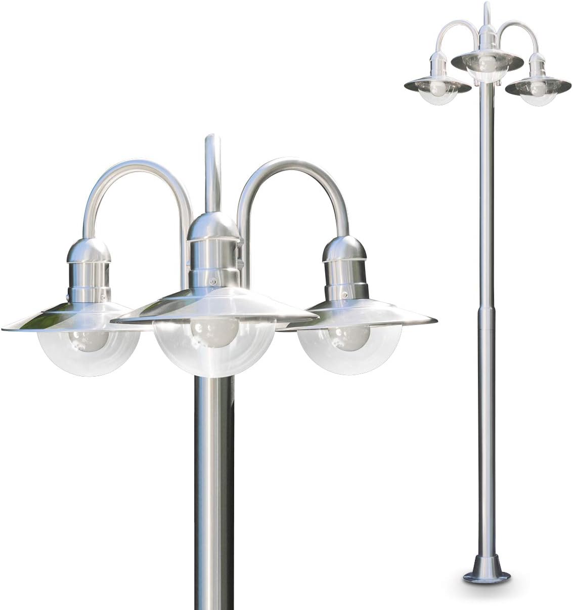 Elima - Farola exterior de 3 brazos y 200 cm - Acero inoxidable con pantallas de cristal y casquillos E27 - Protección IP44 para jardín sendero y espacios públicos