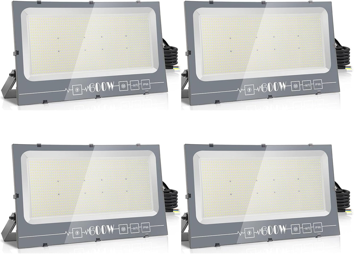 Loyal pack de 4 focos LED exterior de 600 W - Flujo de 60000 lm y luz blanca fría de 6000 K - Aluminio y metal con protección IP66 - Para jardín garaje camino pared y techo
