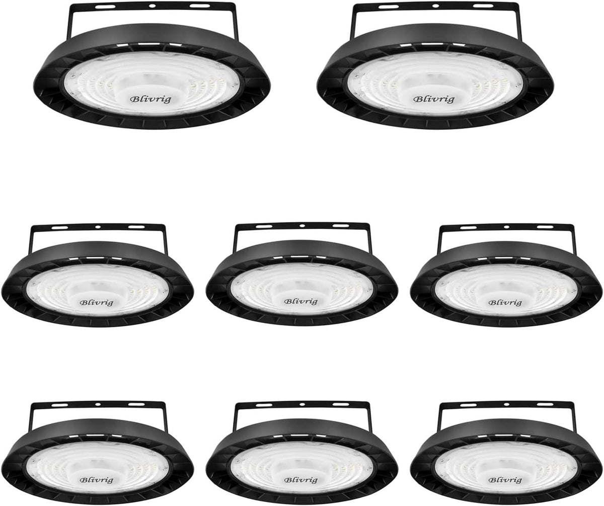 Pack de 8 focos LED UFO industriales - 100 W y 10000 lúmenes con luz de 6500 K - 144 LED y protección IP65 con soporte - Para nave fábrica almacén muelle y aeropuerto