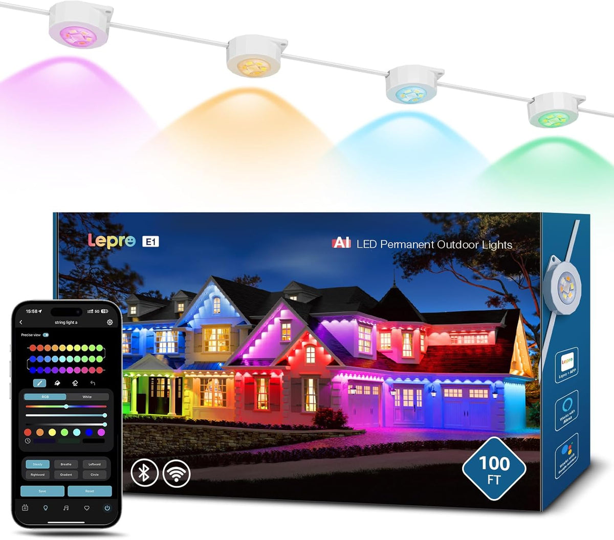 Lepro E1 AI Permanent Outdoor Lights - Luces inteligentes exteriores de 30 m con 60 LED - RGBIC y blanco ajustable con diseñador AI - Compatible con Alexa y Google Assistant