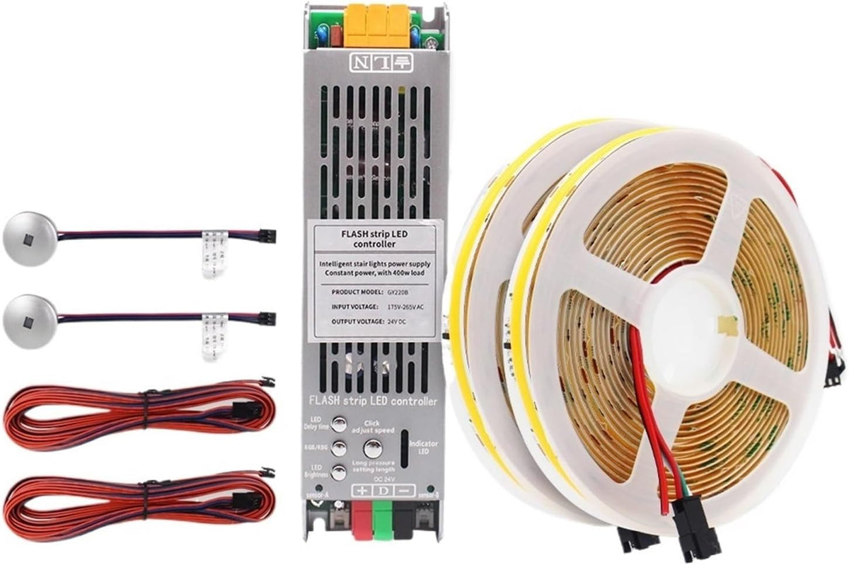Tira LED WS2811 COB para escaleras - Set de 2 tiras de 5 m con luz blanca cálida - Sensor PIR de 24 V y controlador de 400 W - Iluminación decorativa para escaleras