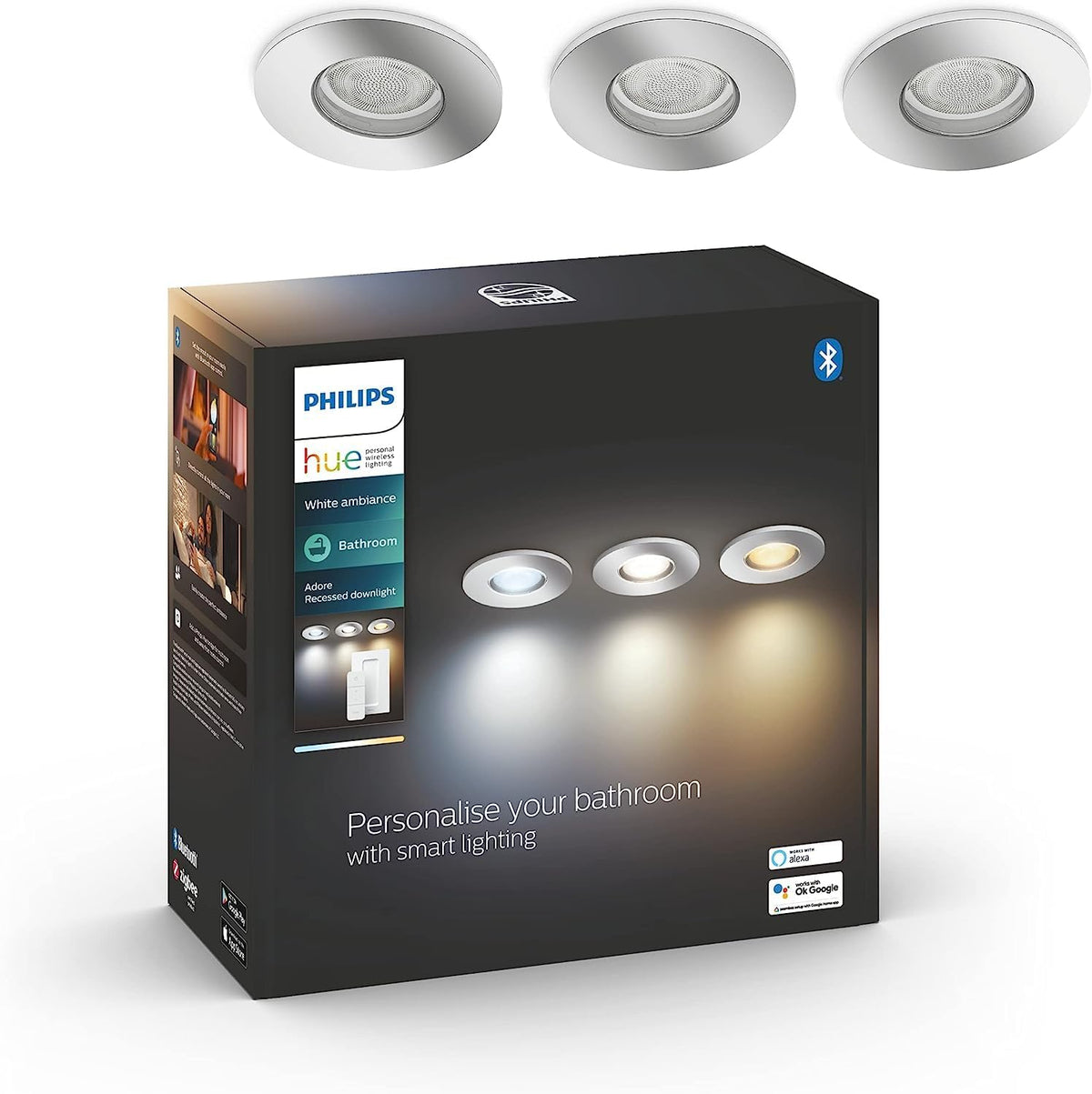 Philips Hue Adore foco empotrable inteligente - Luz blanca de cálida a fría - Aluminio cromado de 9,5 x 7 x 9,5 cm - Compatible con Alexa y Google Home para baño