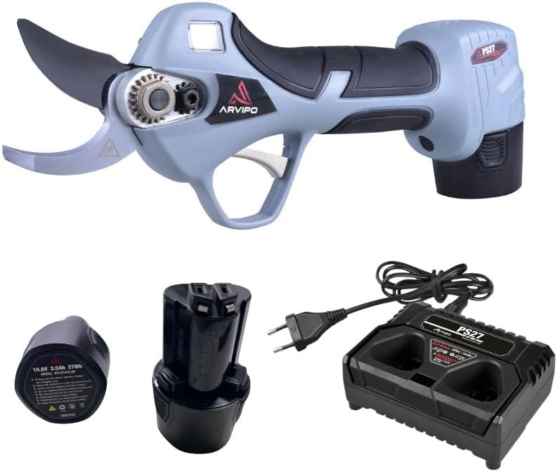Tijera de poda eléctrica Arvipo - Cuchilla bypass de acero inoxidable - Mango de plástico y diseño ambidiestro - Para corte y mantenimiento de plantas