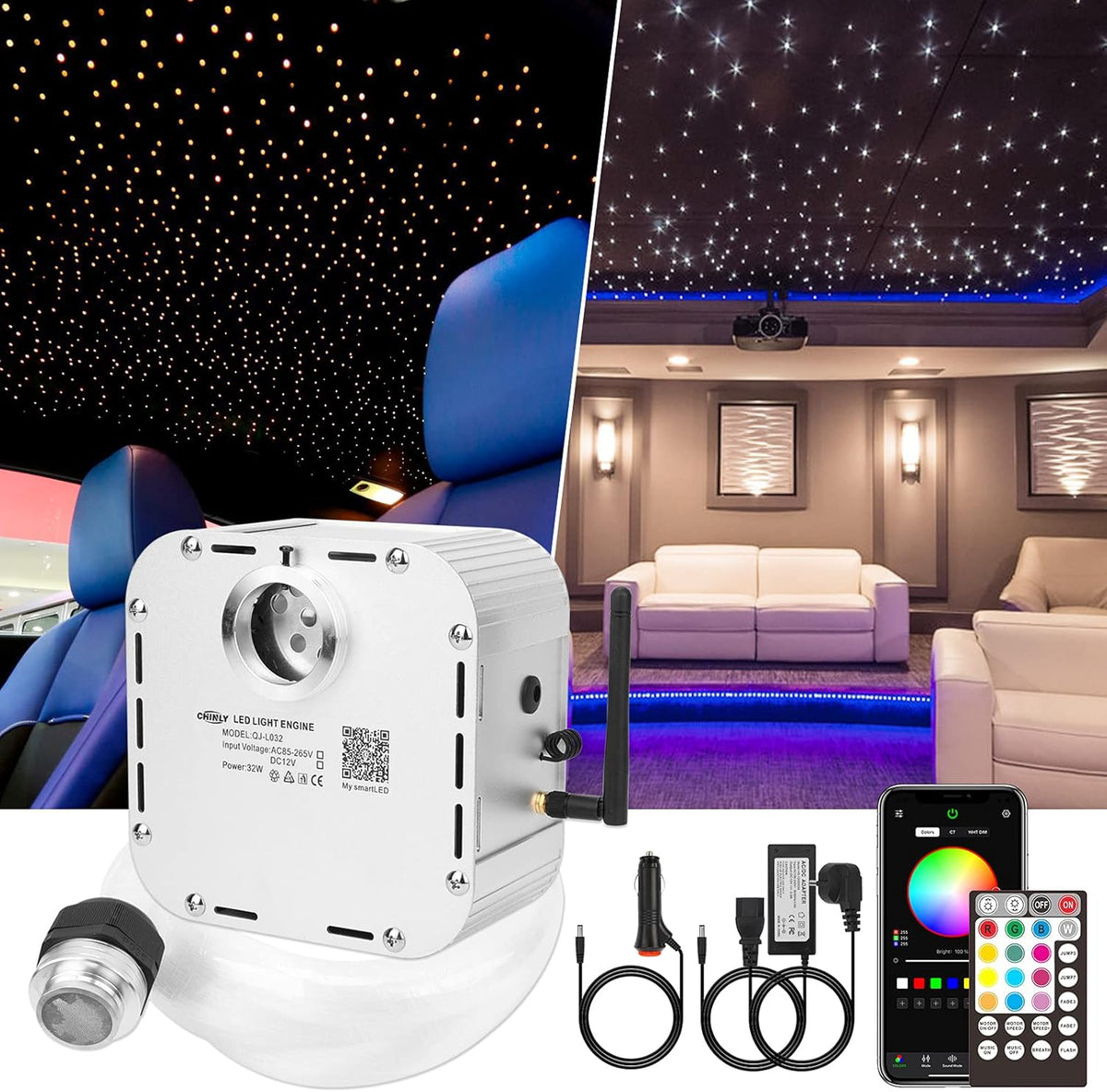 CHINLY kit de fibra óptica LED para techo estrellado - 32 W RGBW con 710 fibras de 4 m - Bluetooth aplicación y control remoto - Incluye 10 cristales para hogar y coche