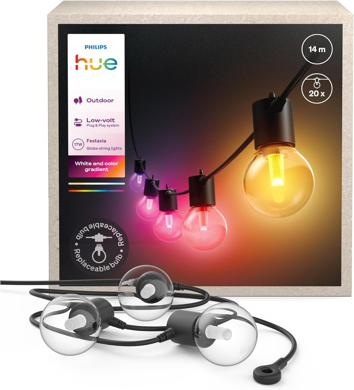 Philips Hue Festavia guirnalda exterior de 14 m - 20 bombillas LED RGBW regulables - Control mediante app Hue - Compatible con Alexa Google Assistant y Apple Home