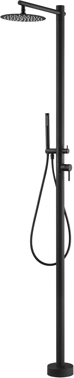 Mice columna de ducha exterior para piscina - Rociador de 250 mm y mango de ducha - Agua fría y caliente con sistema de 2 vías - Acabado negro mate y montaje en suelo