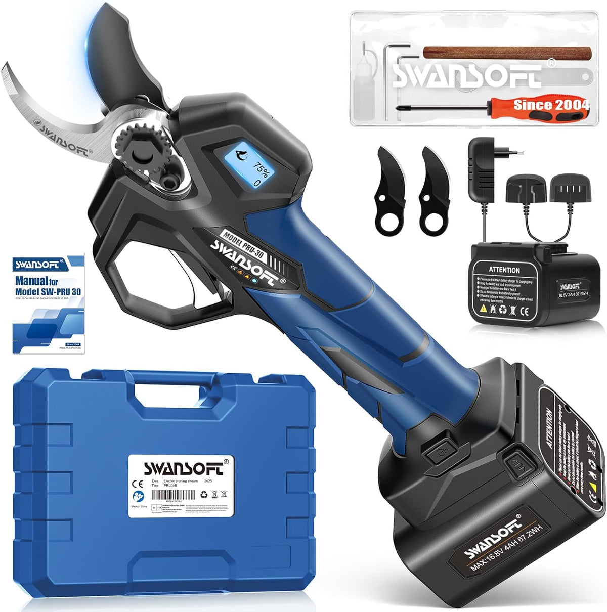 SWANSOFT PRU30 tijera de poda eléctrica profesional - Corte de 30 mm y potencia de 850 W - Batería de 16,8 V con 4 Ah y 2 Ah - Para poda de viñas