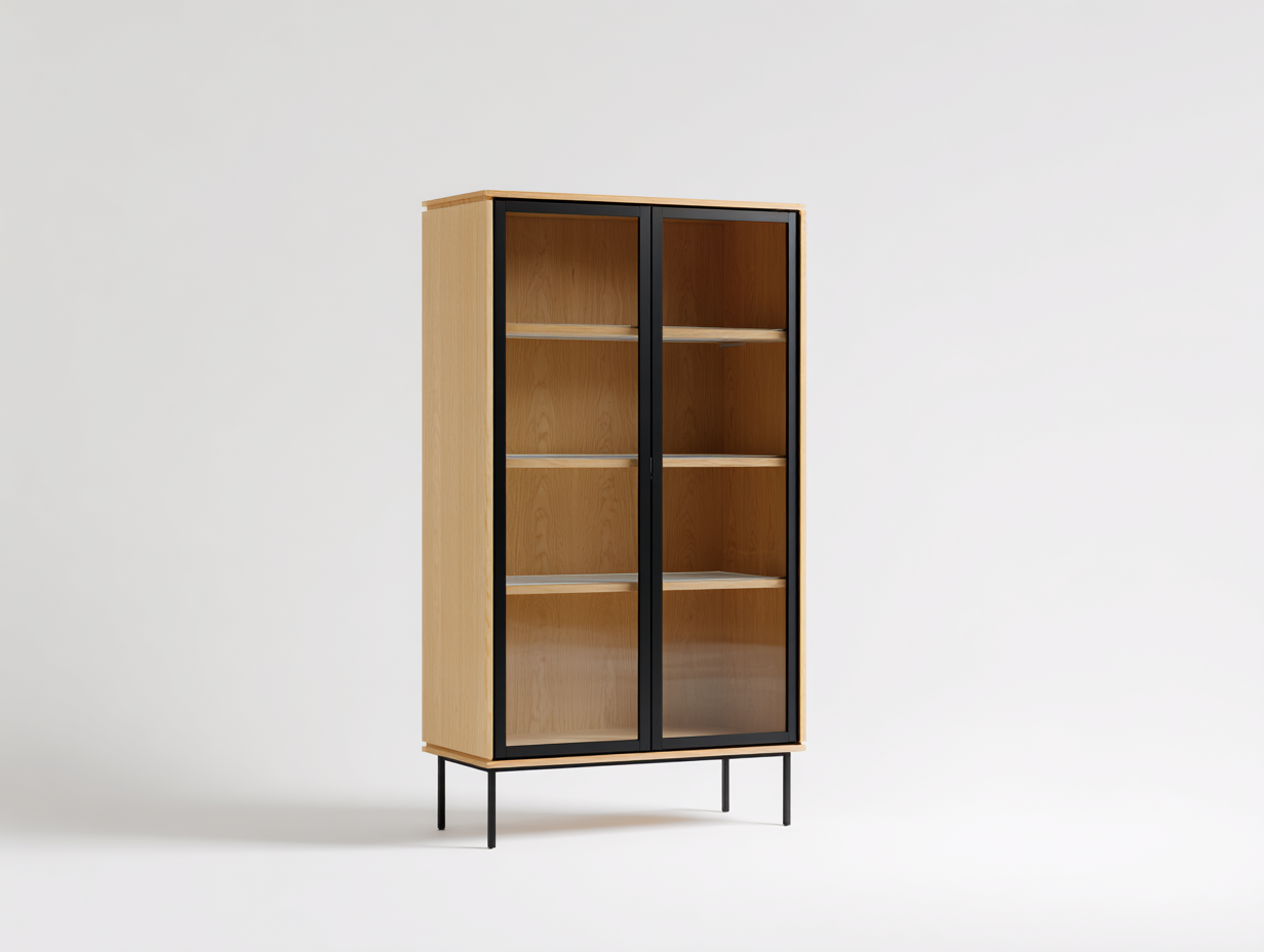 Estanterías de madera manufacturada 90x38x170 cm - madera natural y negro - diseño moderno con 2 puertas de vidrio