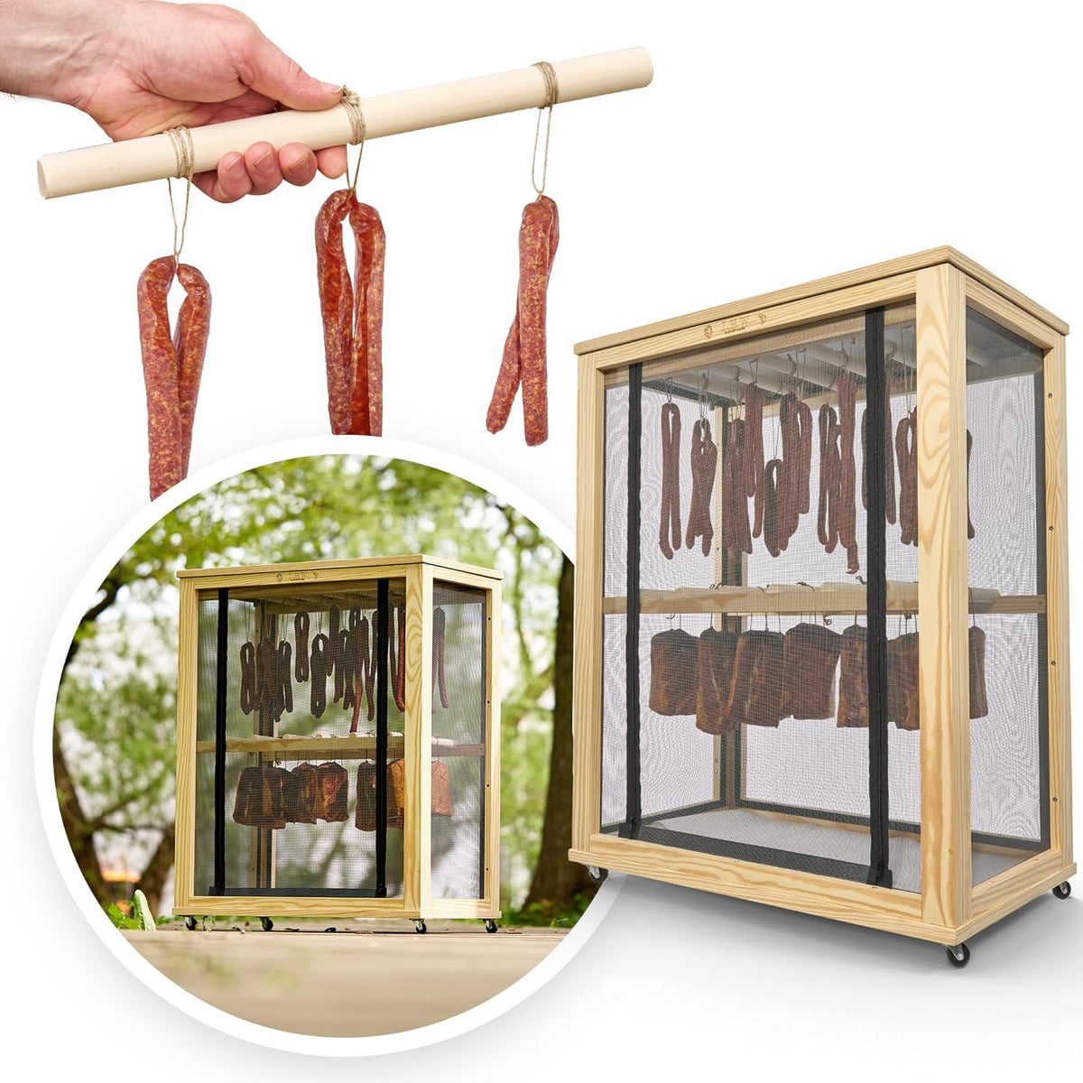 Armario de maduración de pie - Cámara de secado de madera con amortiguador y bisagras - Protección contra insectos con tejido de fibra de vidrio - Para carne embutidos pescado y queso
