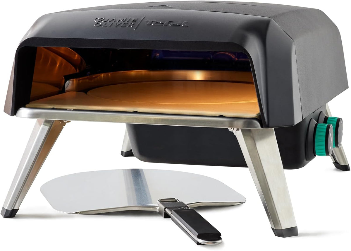 Jamie Oliver by Tefal horno de pizza a gas - Piedra giratoria de 360 grados - Aluminio con pala manguera y regulador incluidos - Para cocina exterior y pizza casera