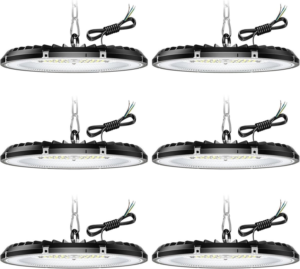 Pack de 6 lámparas UFO LED de 200 W - Flujo de 30000 lm y luz blanca fría de 6000 K - Aluminio redondo de 120 V - Para taller trastero garaje y alta bahía