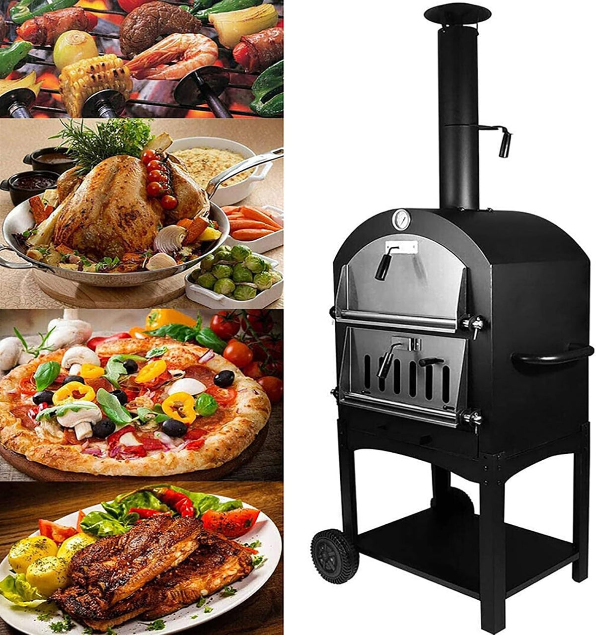 Horno de pizza portátil para exterior - Termómetro integrado para control de cocción - Estructura negra con ruedas para fácil transporte - Para patio camping parque y jardín