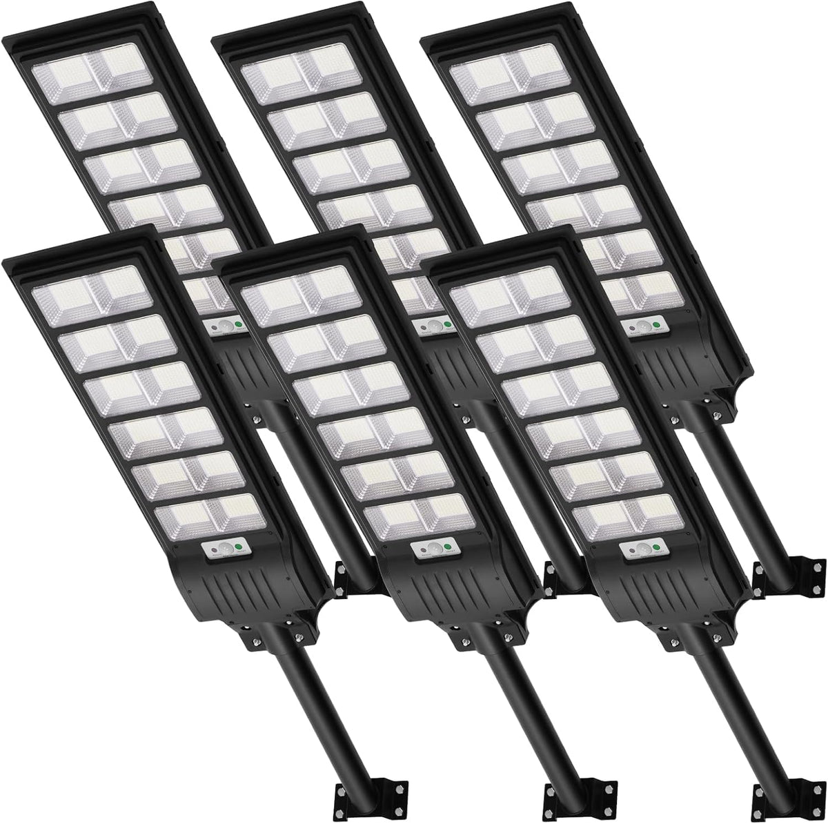 Pack de 6 farolas solares LED de 600 W - 1080 LED y luz blanca fría de 6500 K - Sensor de movimiento mando y protección IP66 - Para patio jardín y garaje