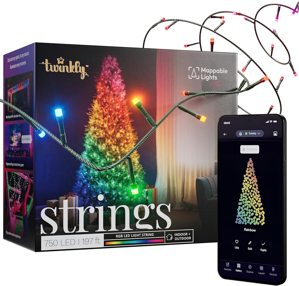 Twinkly Strings guirnalda inteligente de 60 m - 750 LED RGB y potencia de 24 W - Protección IP44 con control por aplicación - Compatible con Alexa y Google Home