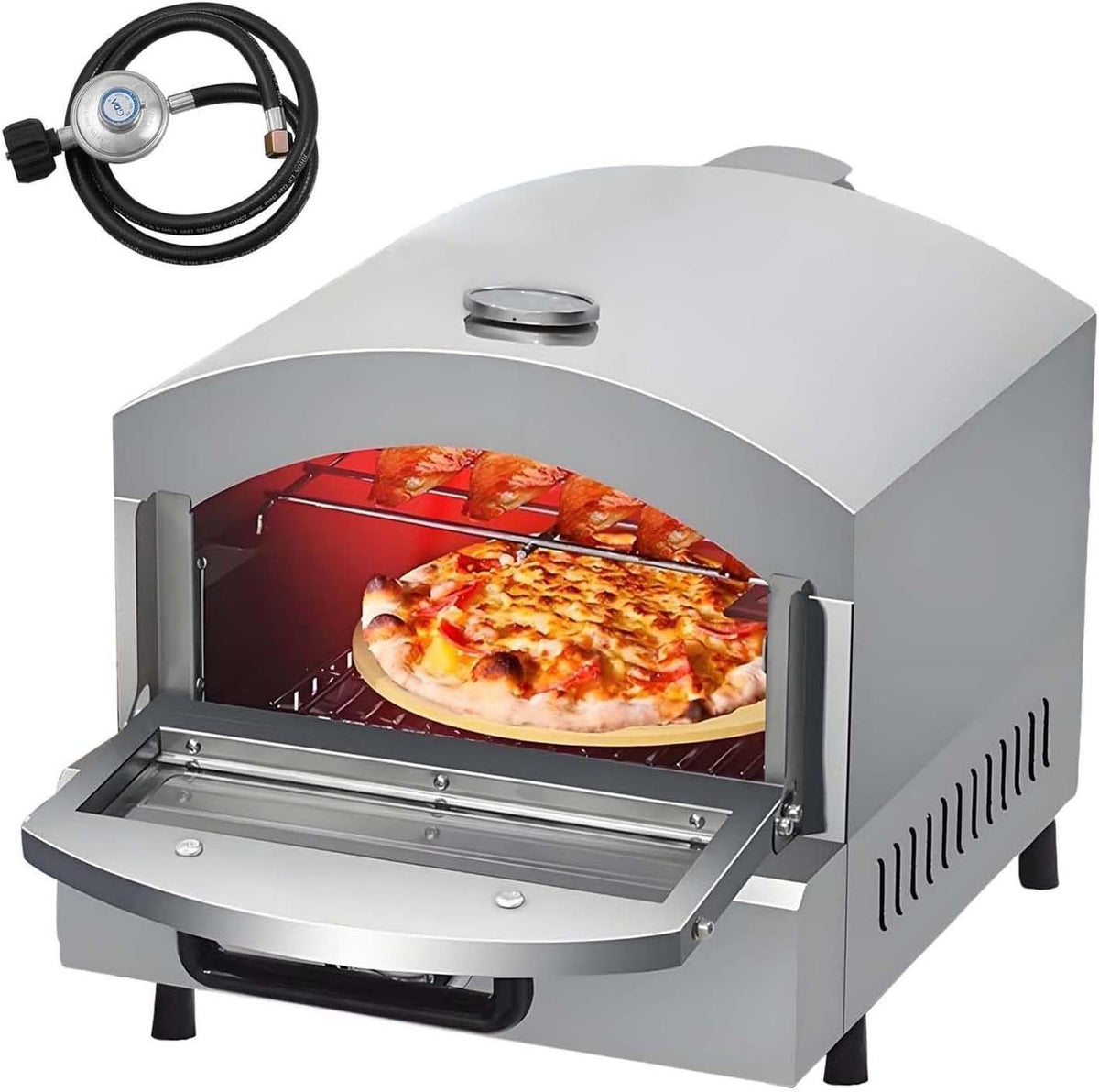 QFGain horno de pizza a propano - Piedra de 30 cm con termómetro y luz interior - Ventana de visualización y bandeja de goteo - Para barbacoa camping patio y cocina exterior