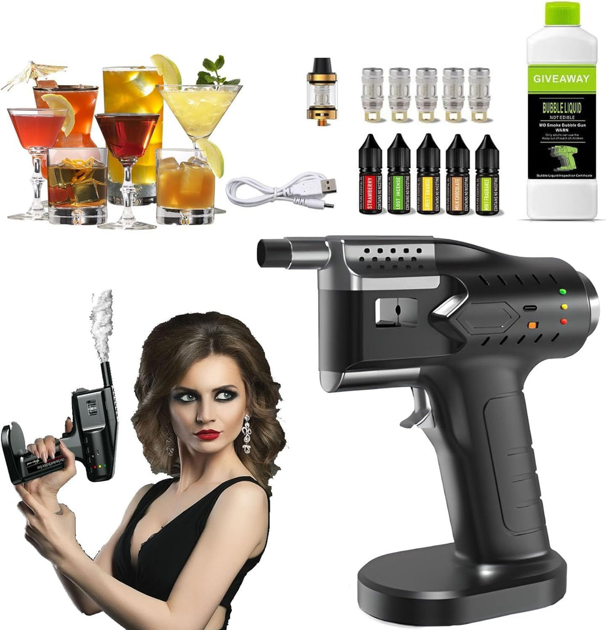 Pistola ahumadora Witriolik - Carga USB y funcionamiento eléctrico - Acero inoxidable y acero aleado en formato de 30 cm - Para cócteles barbacoa cocina y ahumado de alimentos