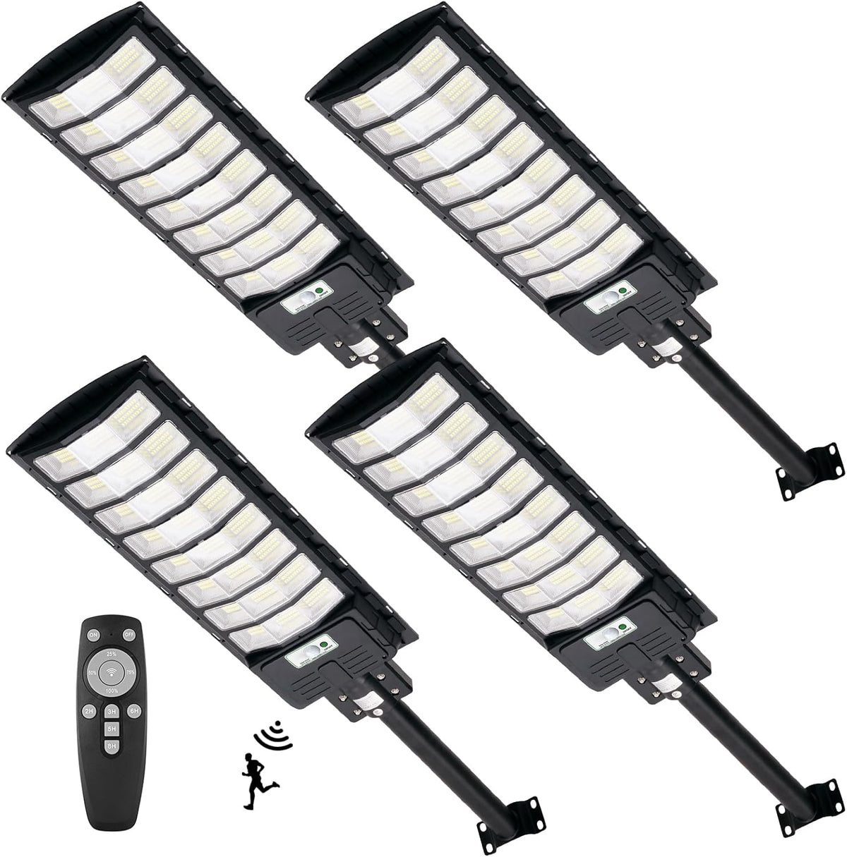 Pack de 4 farolas solares de 800 W - 791 LED con luz fría de 6500 K - Sensor de movimiento mando y 3 modos con protección IP65 - Para aparcamiento jardín y garaje