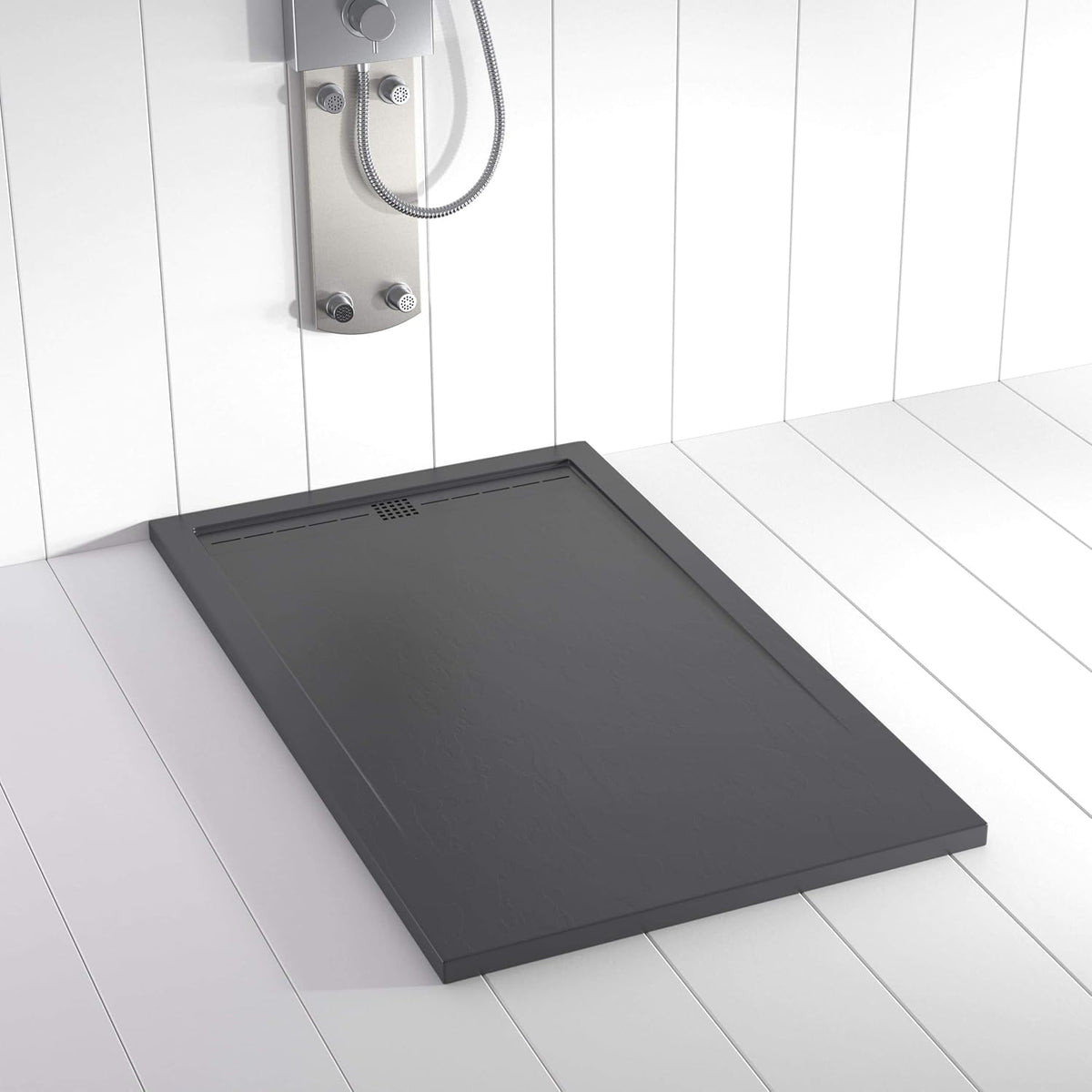 Plato de ducha FLOW de resina de 80 x 150 cm - Acabado antracita RAL 7011 con textura pizarra - Superficie antideslizante rectangular - Incluye rejilla y sifón