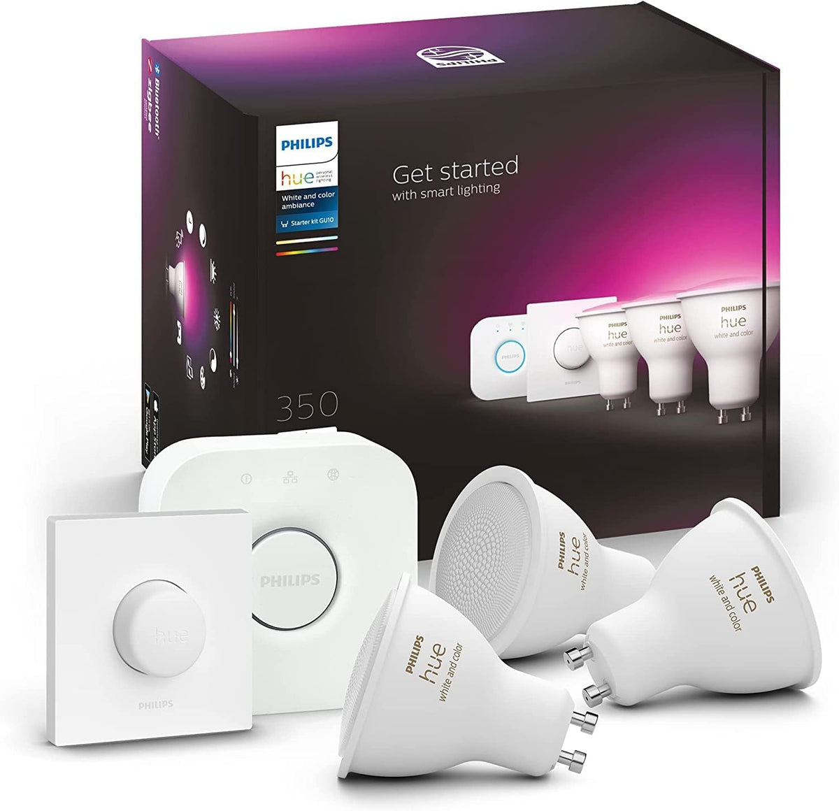 Philips Hue pack de 3 bombillas GU10 - 5,7 W con luz blanca y de colores - Hue Bridge y botón inteligente incluidos - Compatible con Alexa y Google Home para iluminación conectada