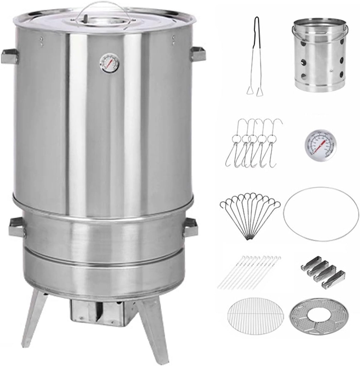 AREBH ahumador de barril - Acero inoxidable con diámetro de 50 cm - Cocción de 360 grados con termómetro y recipiente para cenizas - Barbacoa de carbón para jardín y exterior