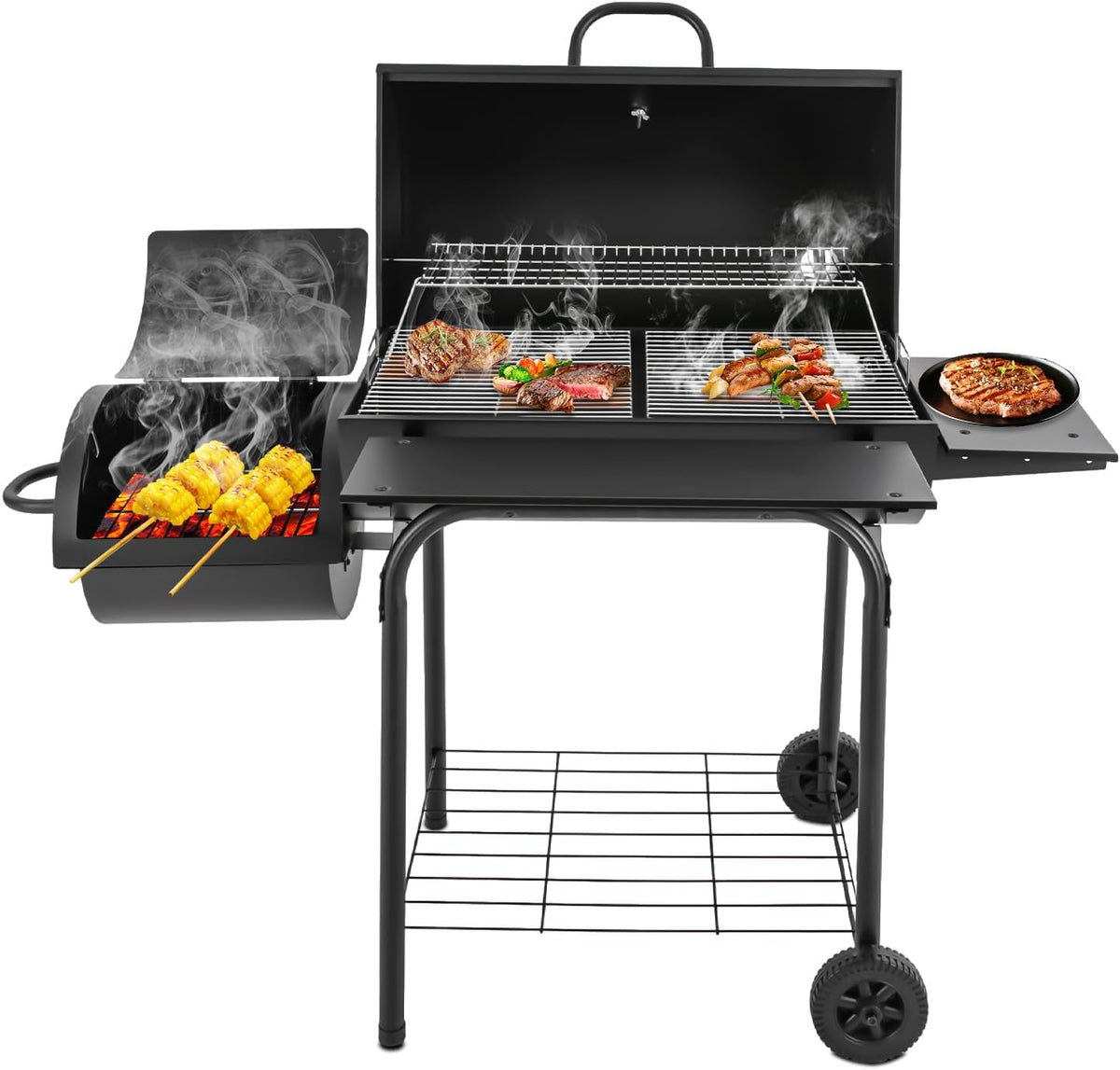 Gourmet barbacoa de carbón - Parrilla con tapa y termómetro para ahumado - 2 estantes cajón de cenizas y rejilla para mantener caliente - Para jardín terraza y cocina exterior