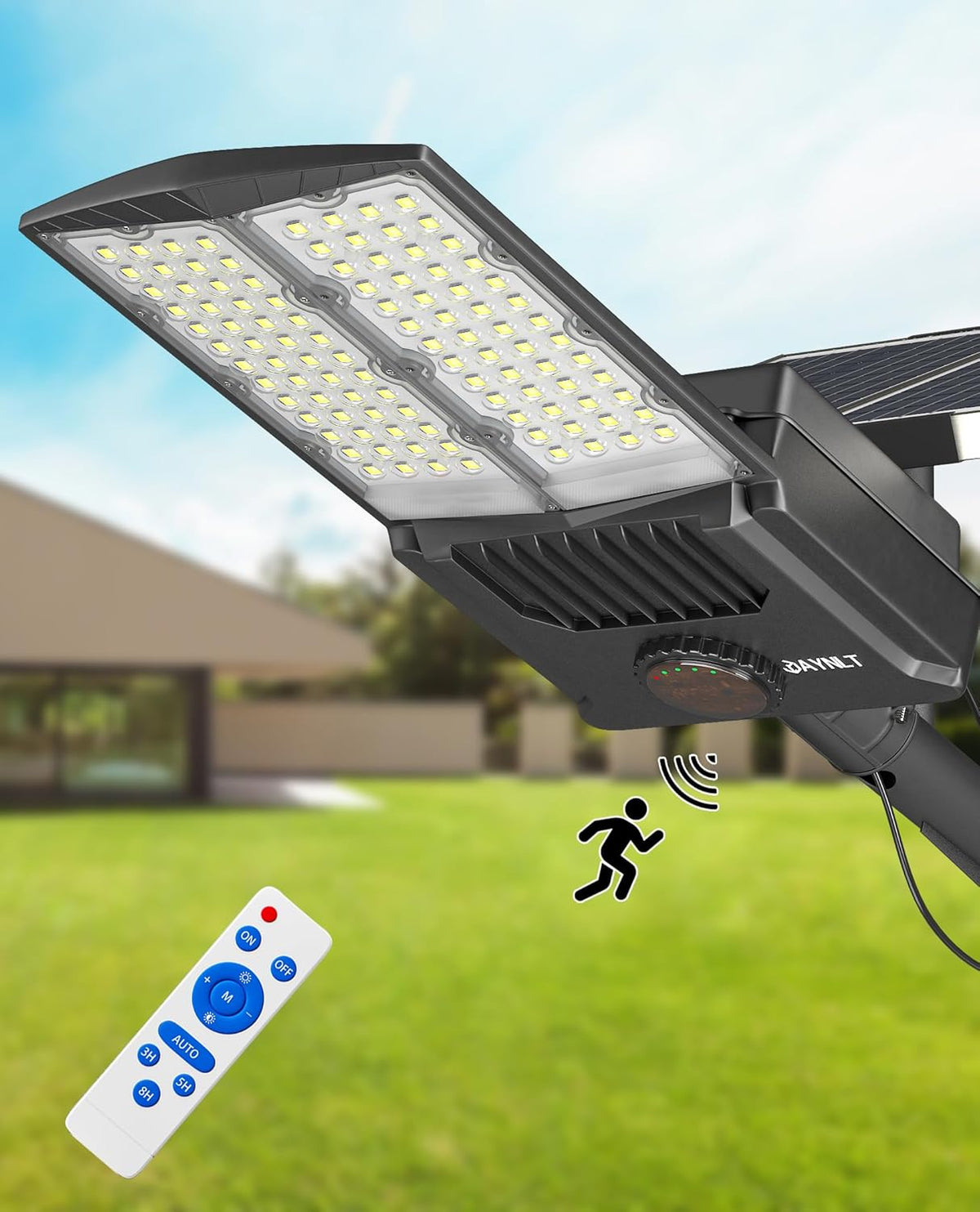 JAYNLT Y-9000W - Farola solar LED con sensor de movimiento - Cuerpo de aluminio y vidrio con protección IP67 - Foco exterior para patio calzada calle garaje y jardín