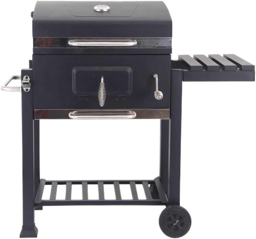 Barbacoa americana en carro - Modelo grande cuadrado para 5 personas o más - Formato de 77 x 54 x 32 cm con función de ahumado - Para camping jardín y cocina exterior