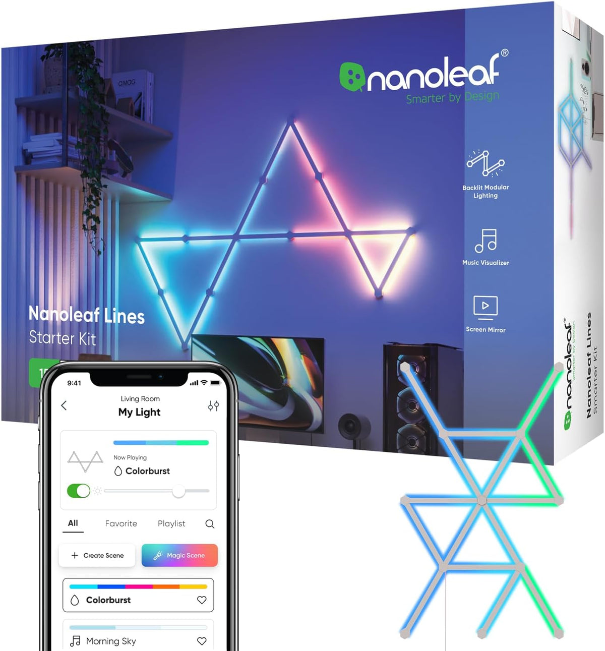 Nanoleaf Lines Kit de Inicio de 15 barras - Módulos LED RGBW con ángulos de 60 grados - 16 millones de colores y diseño mural modular - WiFi compatible con Alexa y Google Home