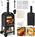 GOPLUS horno de pizza de leña exterior - Piedra de 31 cm y temperatura de hasta 350 grados - Doble termómetro y 2 ruedas con funda impermeable - Para picnic jardín y terraza