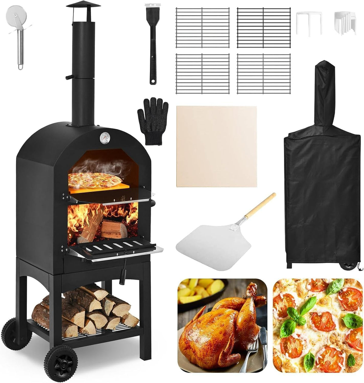 GOPLUS horno de pizza de leña exterior - Piedra de 31 cm y temperatura de hasta 350 grados - Doble termómetro y 2 ruedas con funda impermeable - Para picnic jardín y terraza