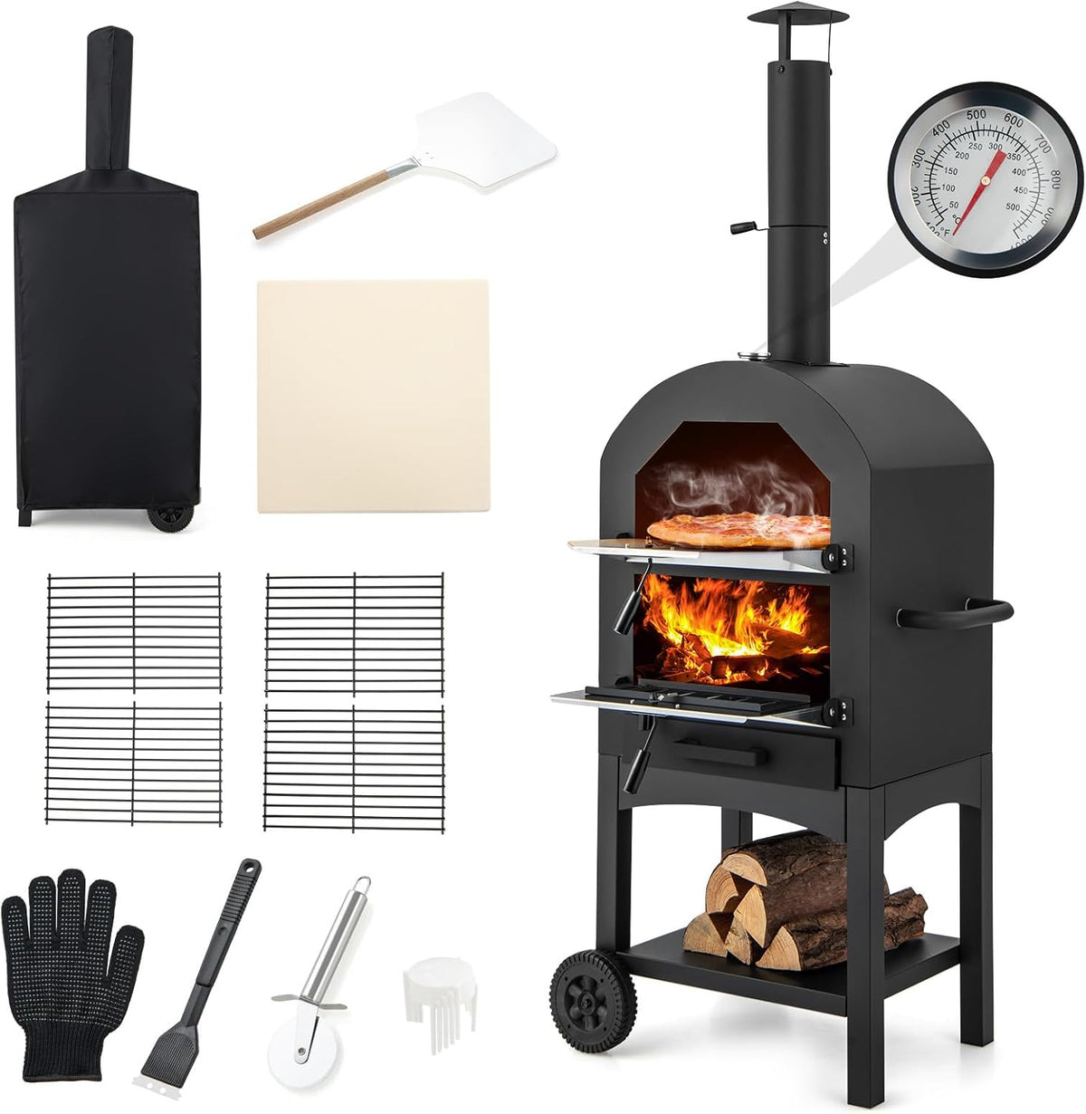 GYMAX horno de pizza exterior - Leña con piedra para pizza pala y termómetro - 46 x 64 x 162 cm con función de barbacoa - 2 ruedas y cubierta para picnic fiesta y camping