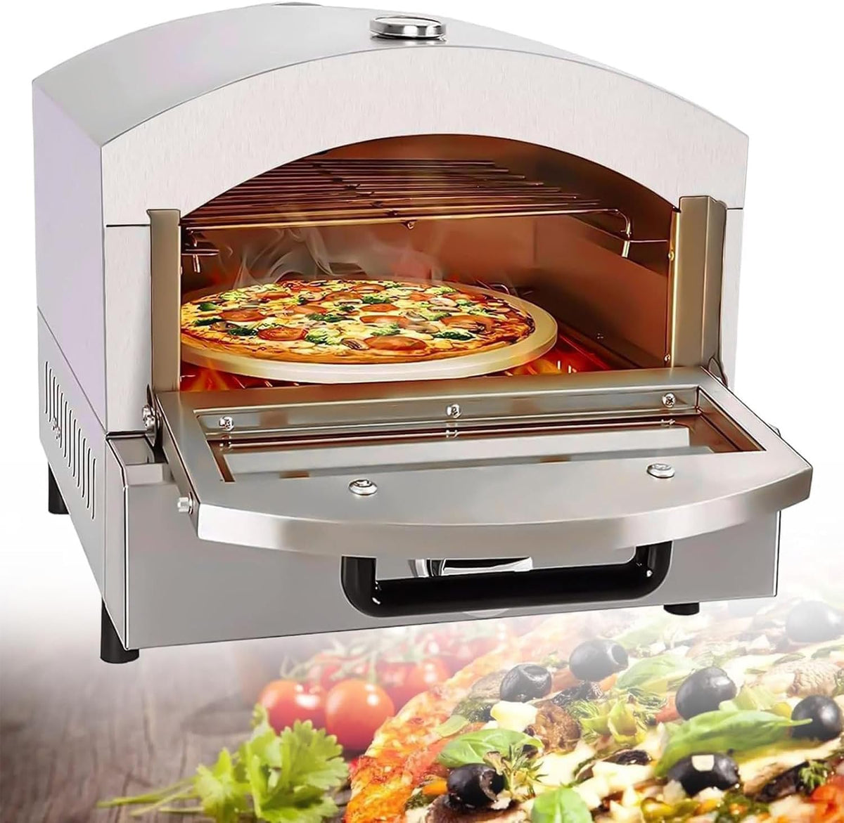 DPLWJPP horno de pizza eléctrico portátil - Acero inoxidable con 2 niveles y capacidad de 40 litros - Termómetro ventana y perilla mecánica - Para cocina exterior y patio