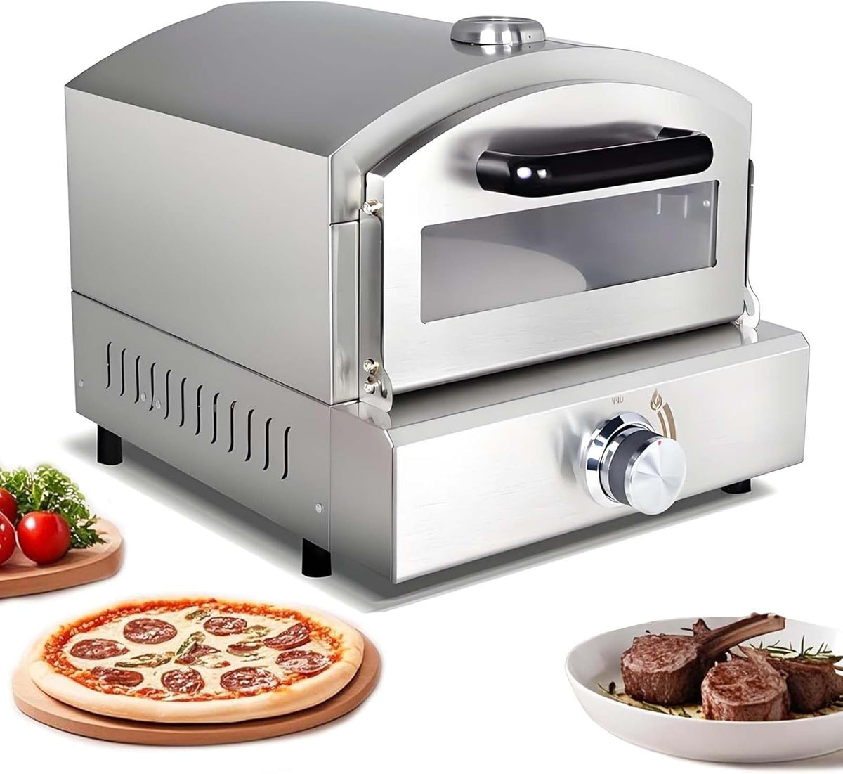 QFGain horno de pizza portátil a propano - Piedra de hornear de 30 cm y temperatura de hasta 380 C - Hornea y asa simultáneamente - Con termómetro y manguera de gas