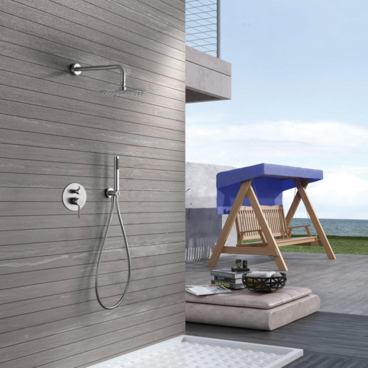 IMEX Serie Moscú - Ducha exterior de pared para piscina y jardín - Grifería de agua fría y caliente con alcachofa - Conjunto empotrable con componentes de latón para exterior
