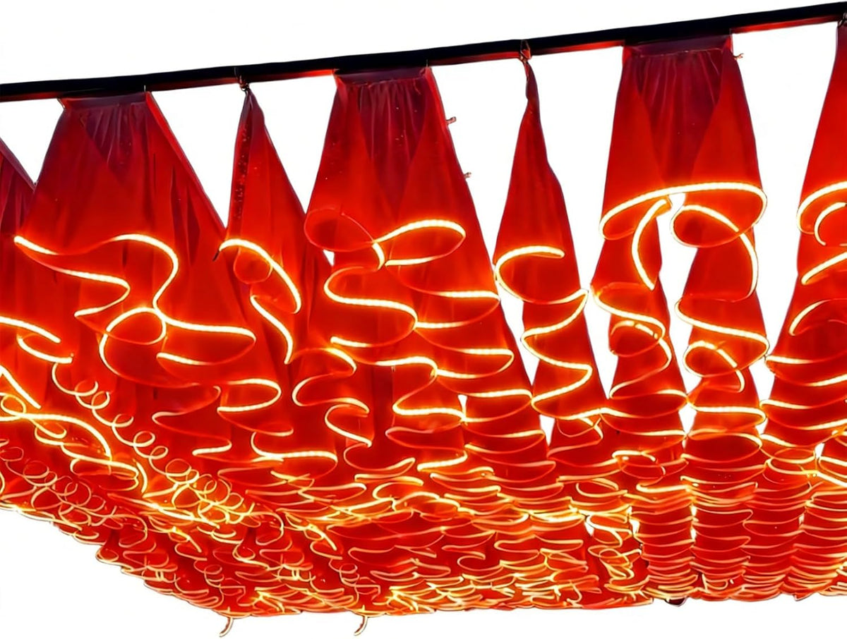 Velo luminoso de techo para fiestas de 50 m - Gasa roja con luz cálida y pliegues de 50 cm - Material sintético para montaje decorativo - Para bodas pedidas y fondos de fotos