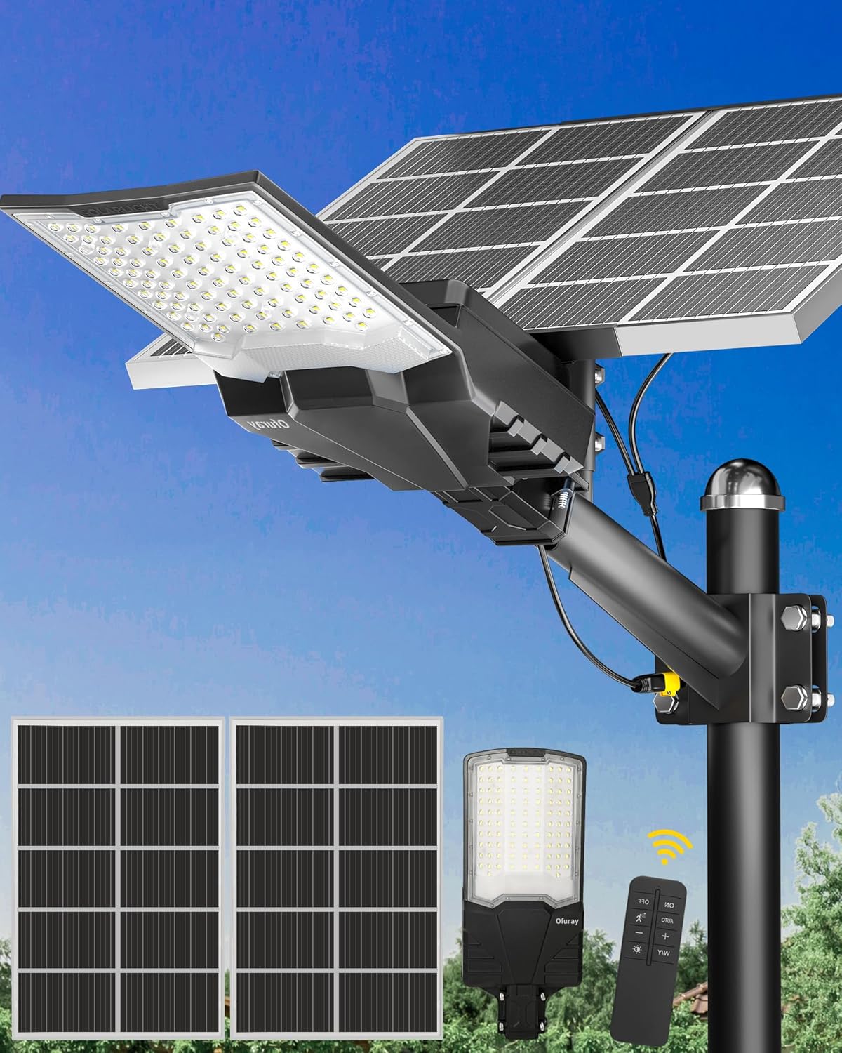 Ofuray OL 18200W farola solar exterior - Luz blanca fría de 6500 K con control remoto - Aluminio y vidrio con protección IP67 - Para jardín patio y garaje