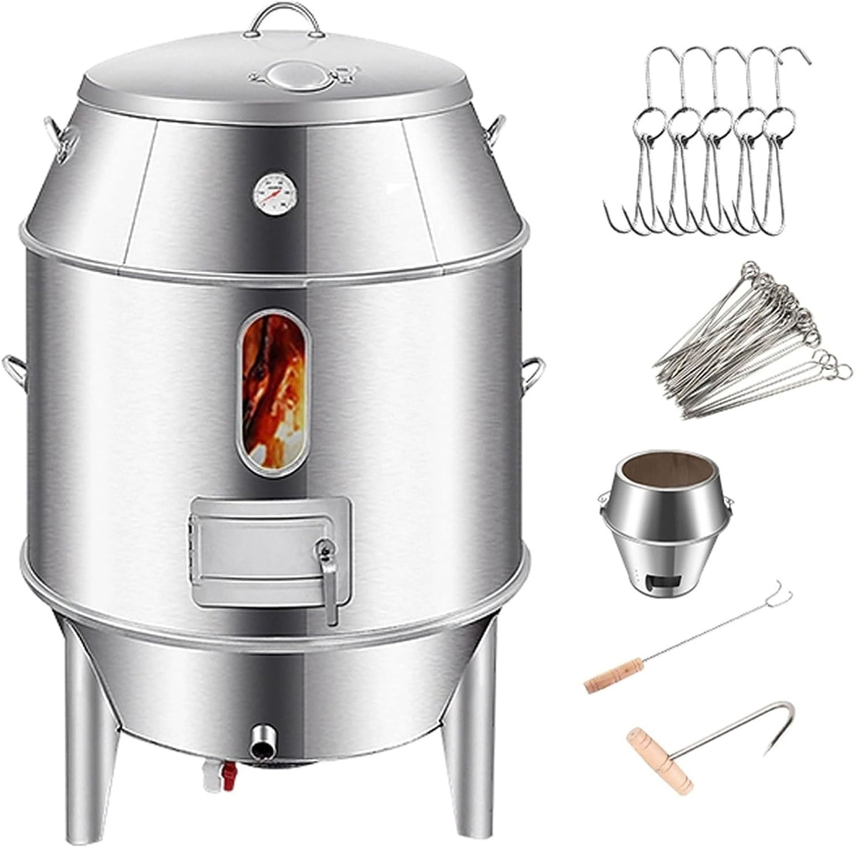 AREBH ahumador asador de barril - Acero inoxidable lavable de gran capacidad - Cocción colgante de 360 grados con termómetro - Puerta central y diseño portátil