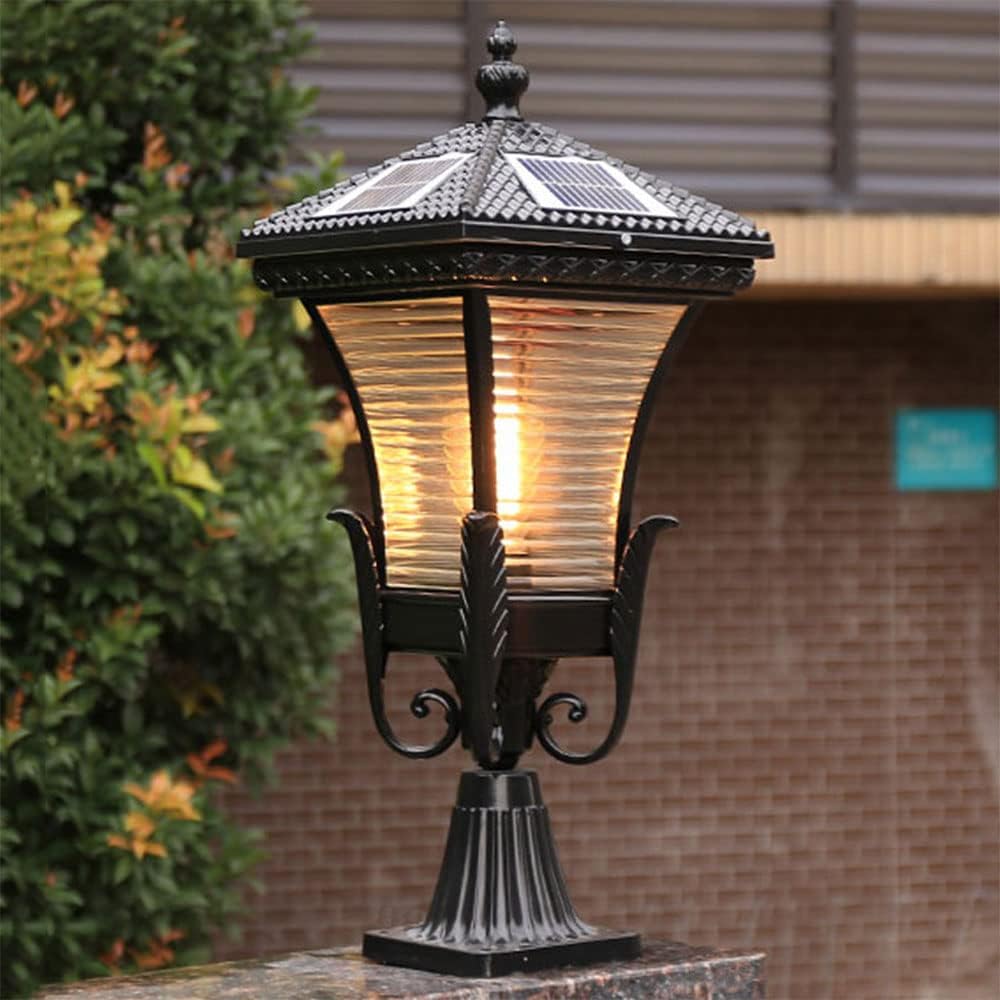 Farola solar grande para exterior - Aluminio negro con pantalla de vidrio - Encendido y apagado automático - Diseño industrial para jardín patio y zonas de acceso