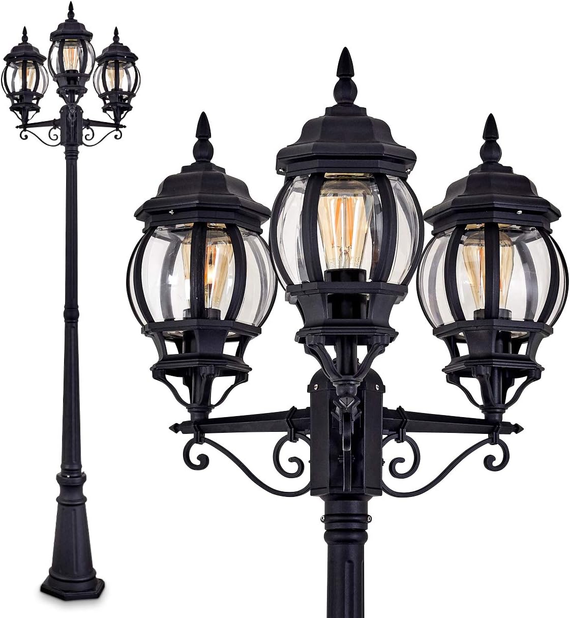 hofstein - Farola exterior clásica de 3 cabezas - Estructura metálica negra de 228 cm - Diseño de gran altura con alimentación por cable - Para jardín patio y entrada