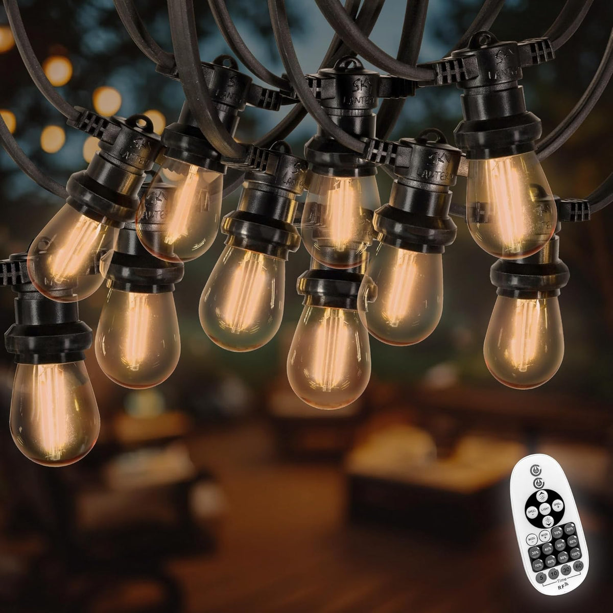 Guirnalda LED exterior - 50 m con 50 bombillas E27 de filamento ámbar y 2700 K - Intensidad regulable con mando a distancia - 230 V para jardín terraza y celebraciones