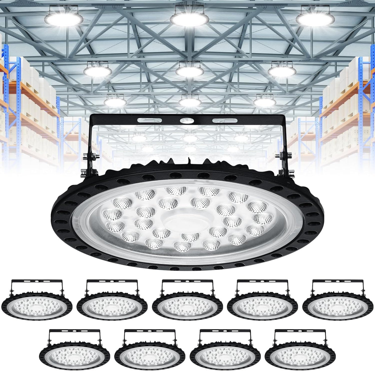 Viugreum pack de 10 lámparas UFO LED de 100 W - Flujo de 10000 lm y luz de 6500 K - Aluminio y metal con protección IP65 - Para garaje fábrica y taller