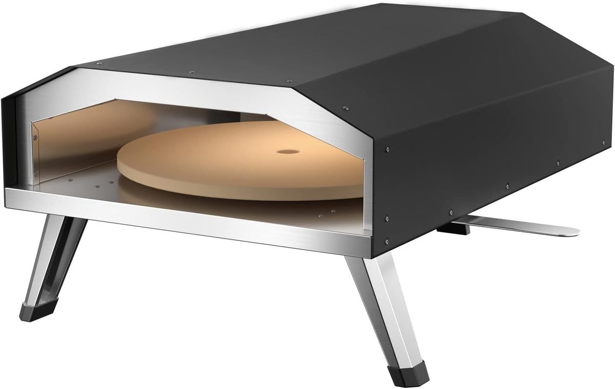 Horno de pizza a gas portátil - Piedra giratoria para pizzas de hasta 330 mm - Acero inoxidable con patas plegables y control por perilla - Para jardín terraza y exterior