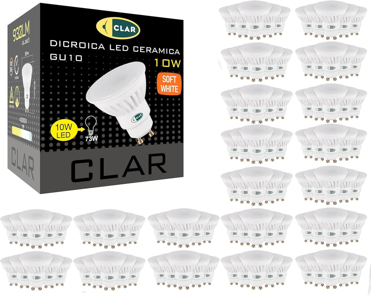 CLAR pack de 100 bombillas LED GU10 - Potencia de 10 W y luz cálida de 3000 K - Equivalencia de 73 W y alta eficiencia - Para focos y ojos de buey interiores
