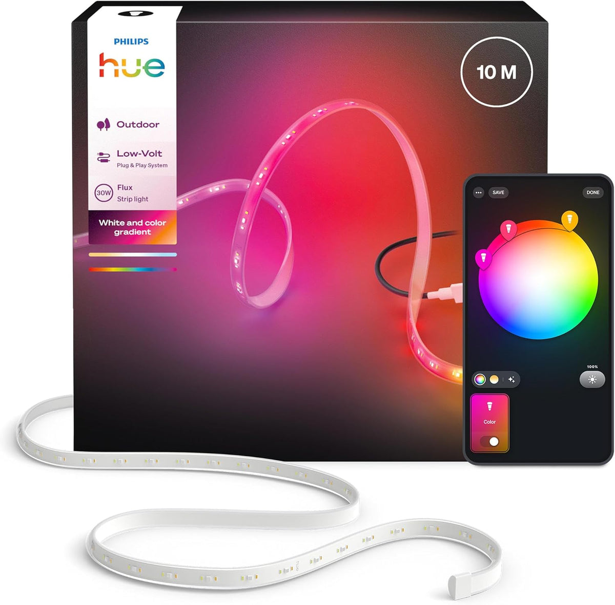 Philips Hue Flux - Tira LED inteligente exterior de 10 m y 1100 lúmenes - RGB y luz blanca con tecnología Chromasync - Control por App y voz compatible con Alexa
